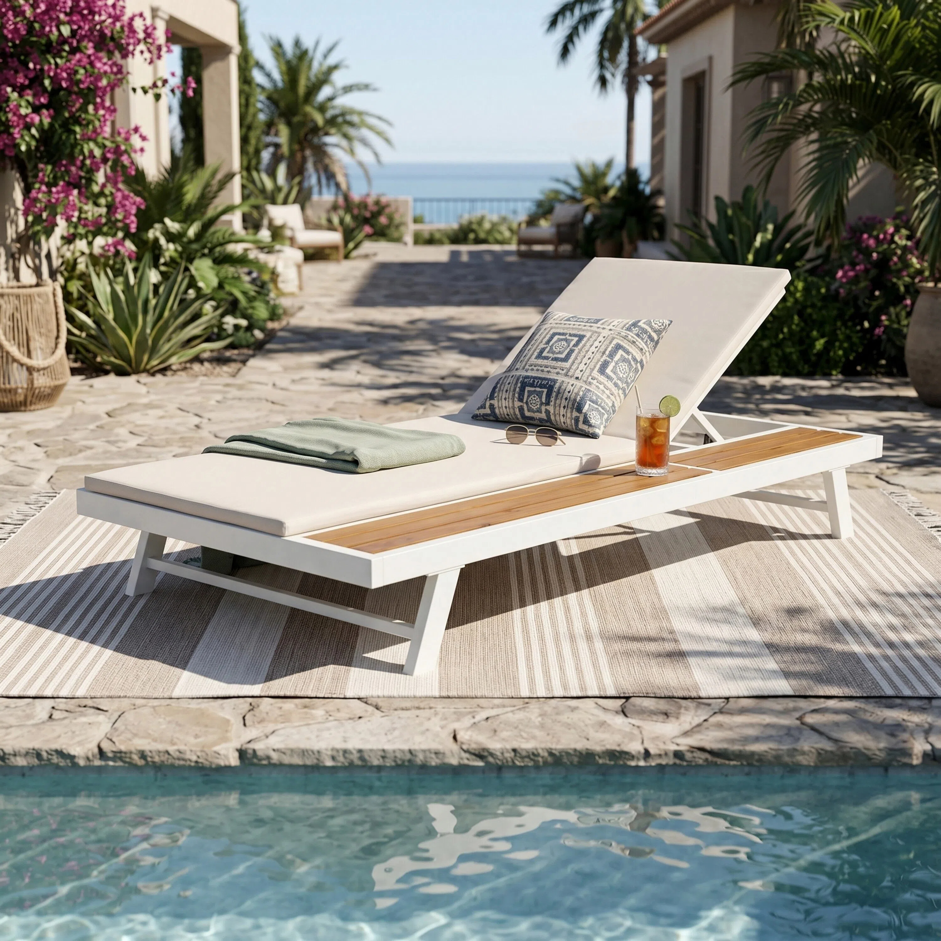 White Iron   Teak Finish Outdoor Chaise Lounge Set With Cream Cushion, 2  Thick 2-Fold Water-Resistant Cushion, Adjustable Backrest With Flat Storage Surface For Patio Poolside