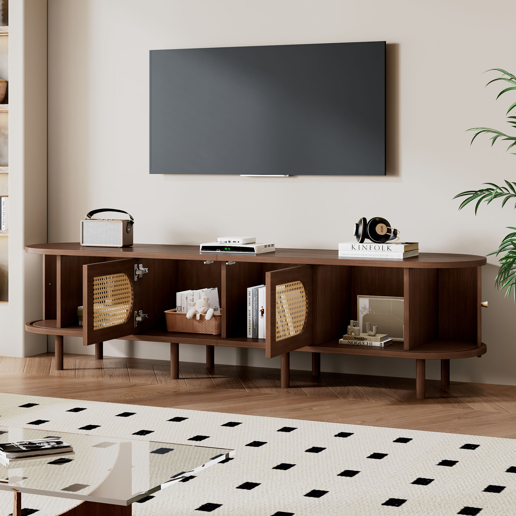 180x40x40cm Oval TV Stand In Dark Walnut, Rattan Design, Two Cabinet Doors, Two Sliding Doors, TV Cabinet, Lowboard, Living Room Cabinet, MDF, Suitable For TVs Up To 80 Inches