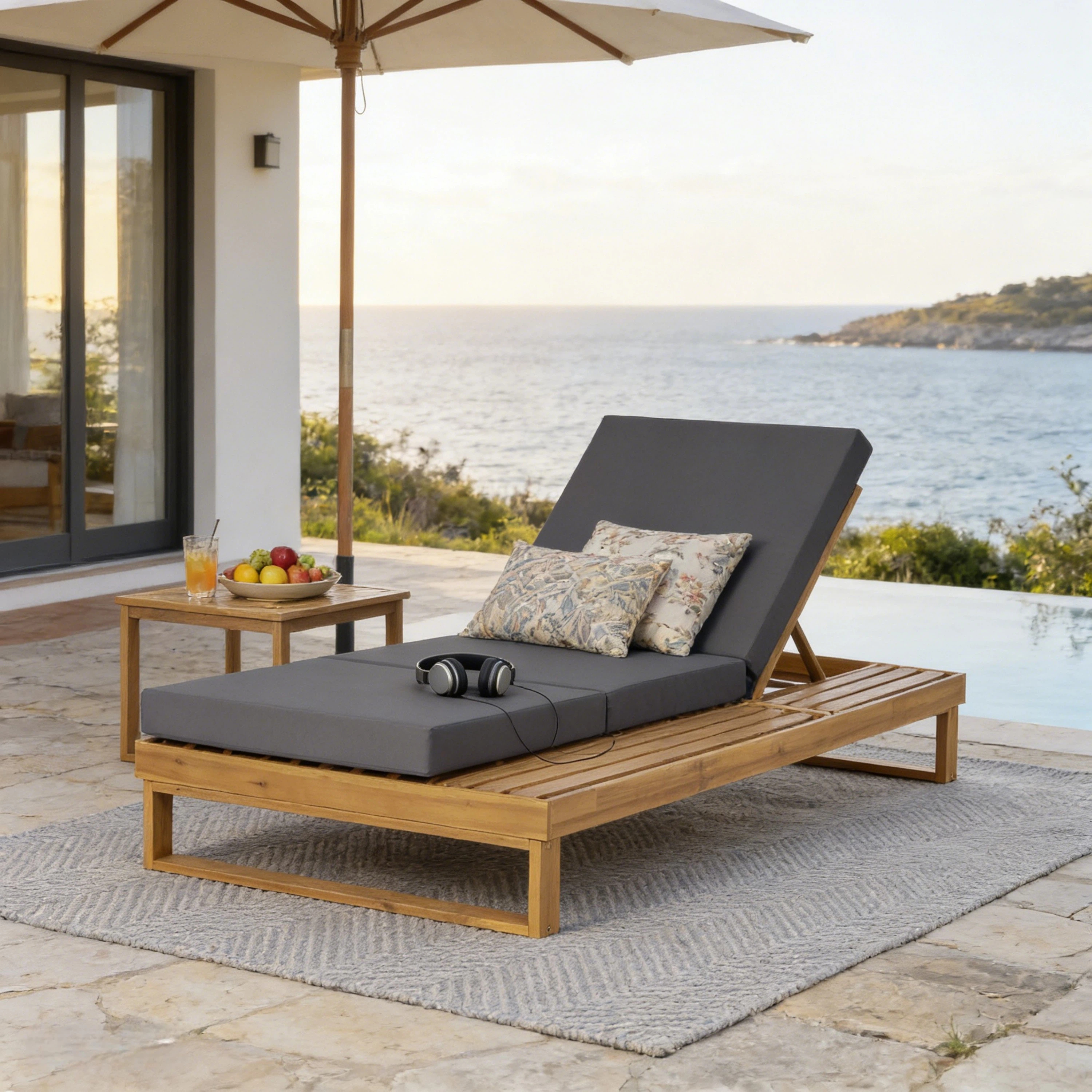 Teak Acacia Chaise Lounge with 4-Inch Dark Gray 3-Fold Cushion
