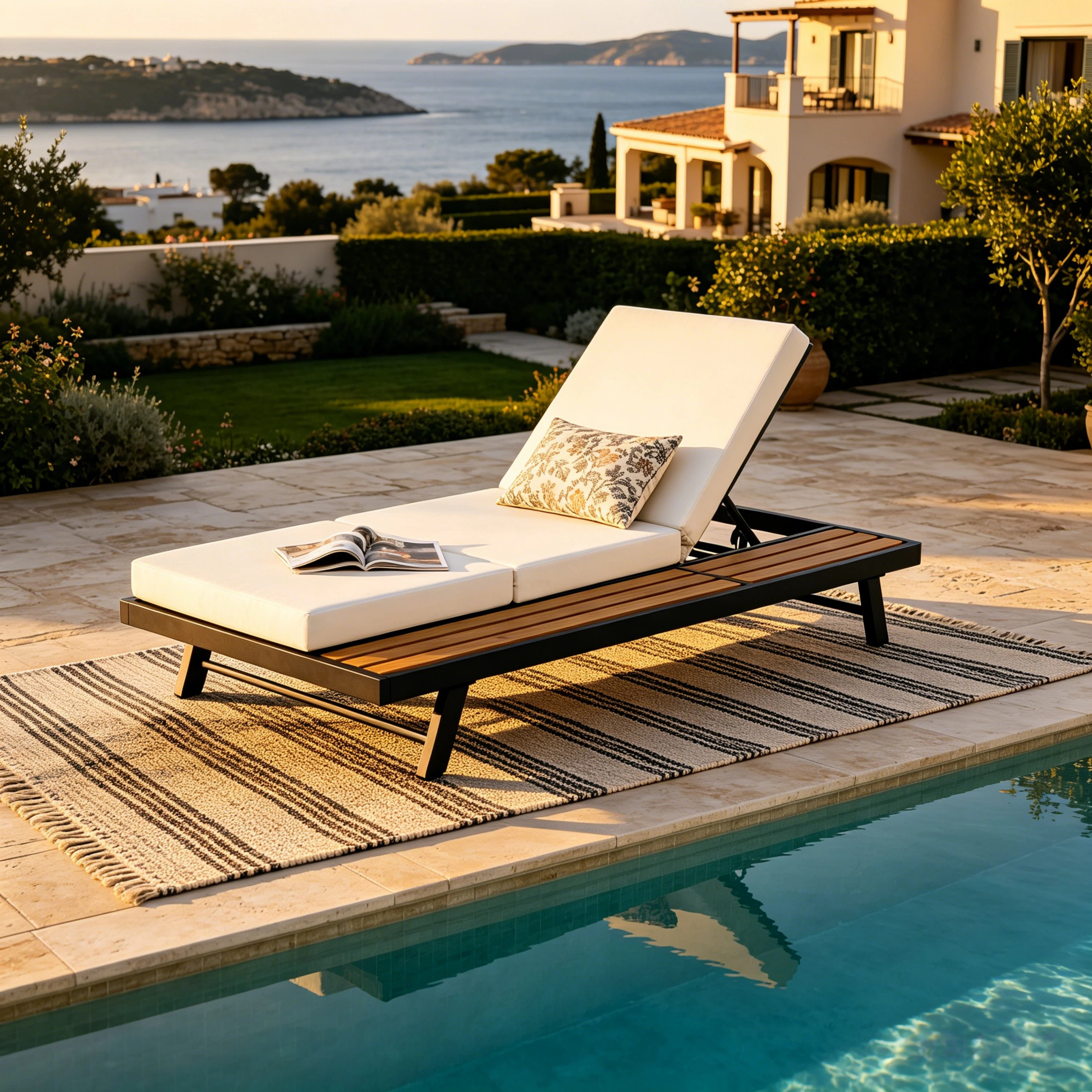 Black Iron and Teak Chaise Lounge with 4-Inch Cream 3-Fold Cushion