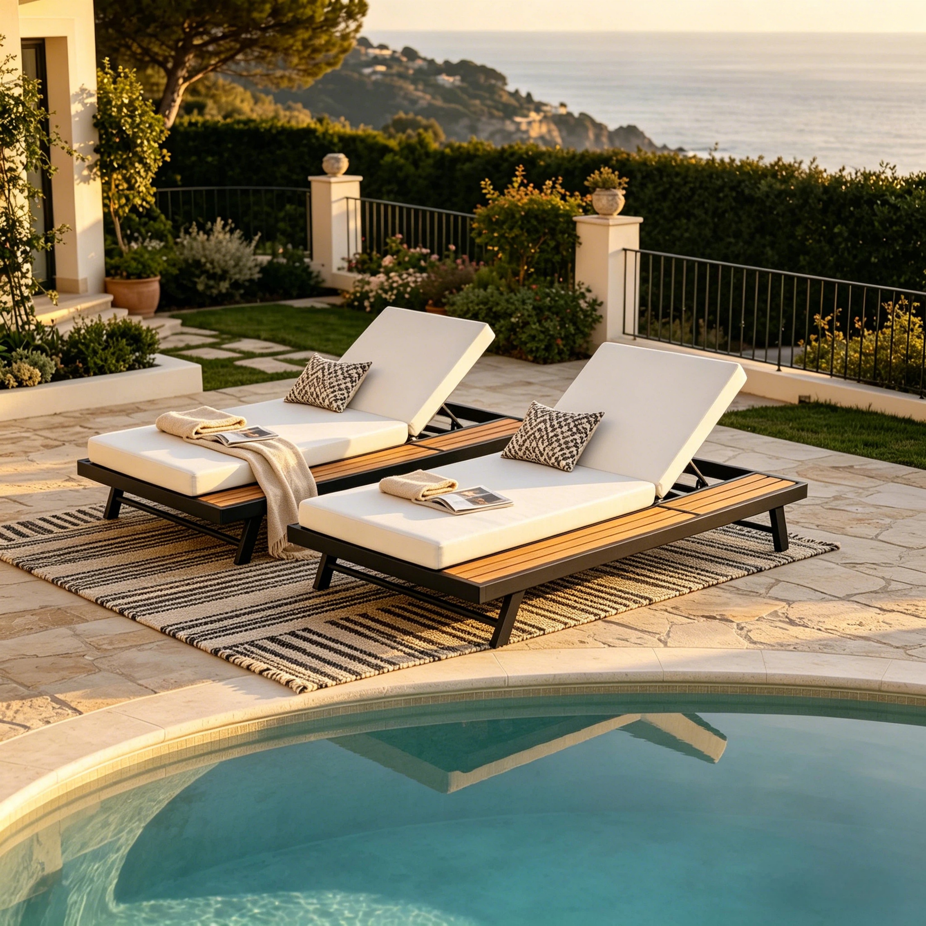 Black Iron   Teak Finish Chaise Lounge Set With Cream Cushion, 400 Lbs Capacity, 4  Thick 2-Fold Water-Resistant Cushion, Adjustable Backrest With Flat Storage Surface For Patio Poolside