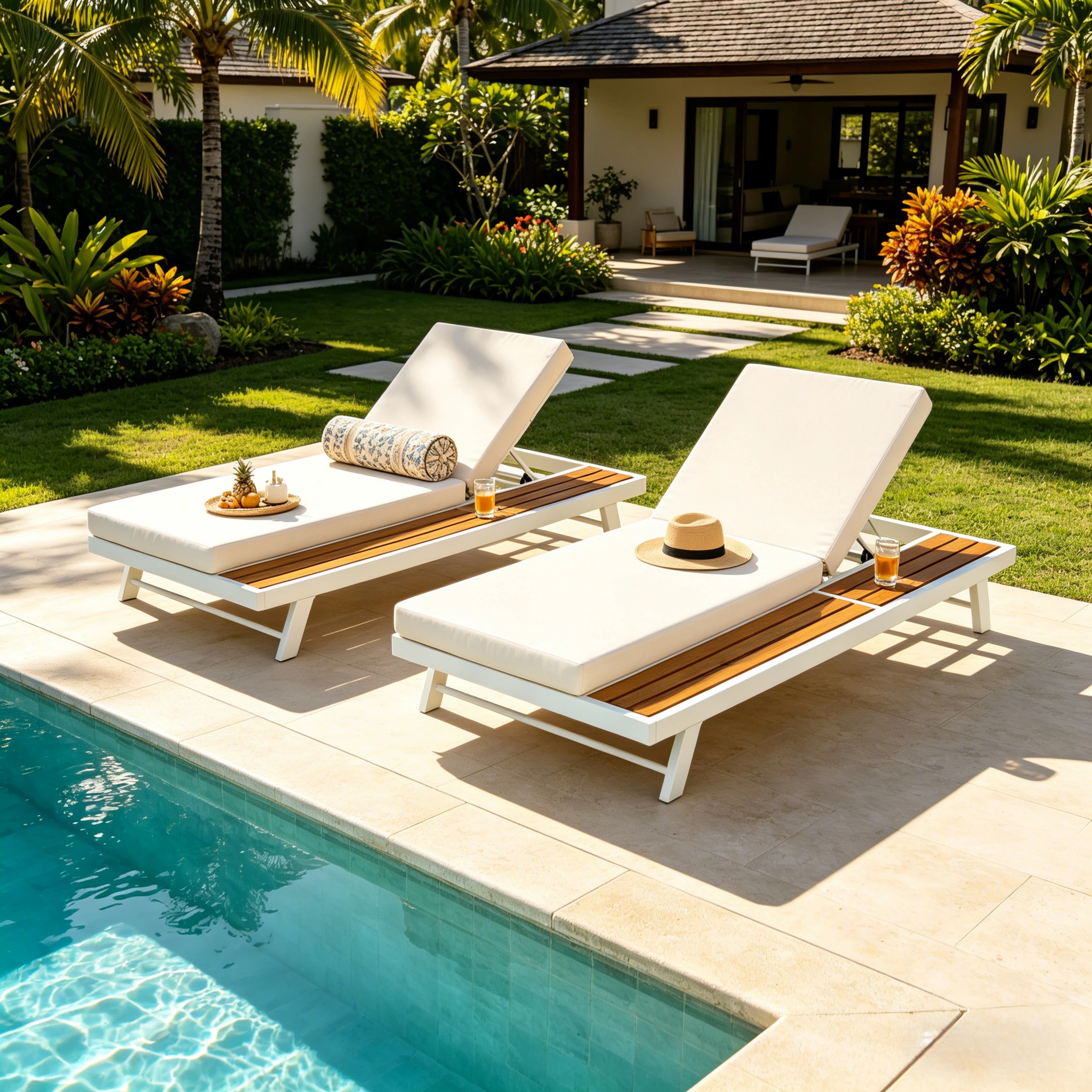 White Iron   Teak Finish Chaise Lounge Set With Cream Cushion, 400 Lbs Capacity, 4  Thick 2-Fold Water-Resistant Cushion, Adjustable Backrest With Flat Storage Surface For Patio Poolside