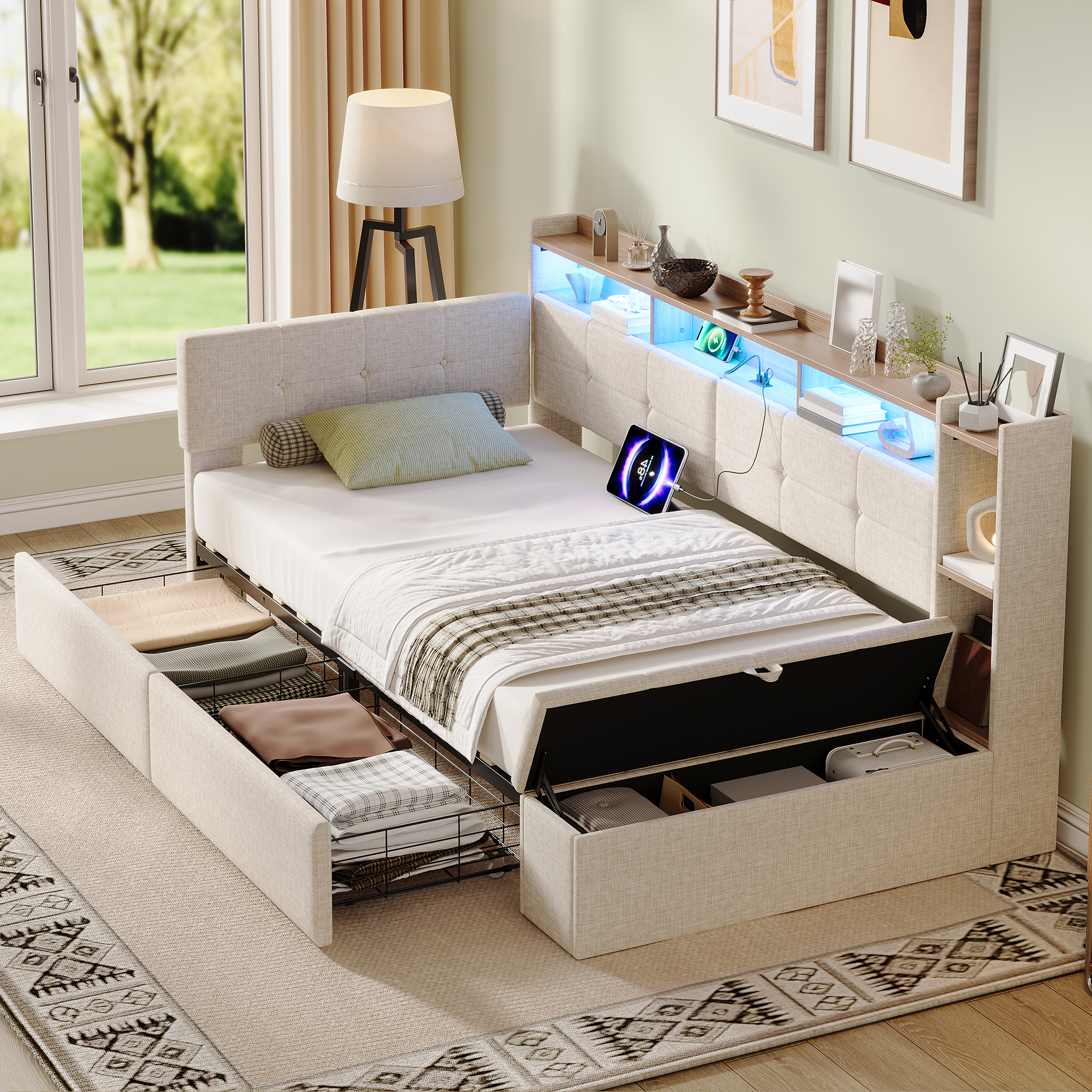 3ft Single LED Daybed With Storage Drawers And Bed End Ottoman Storage, Modern Linen Sofa Bed With Charging Station For Living Room Bedroom Study Room, 90X190cm, Beige  No Mattress