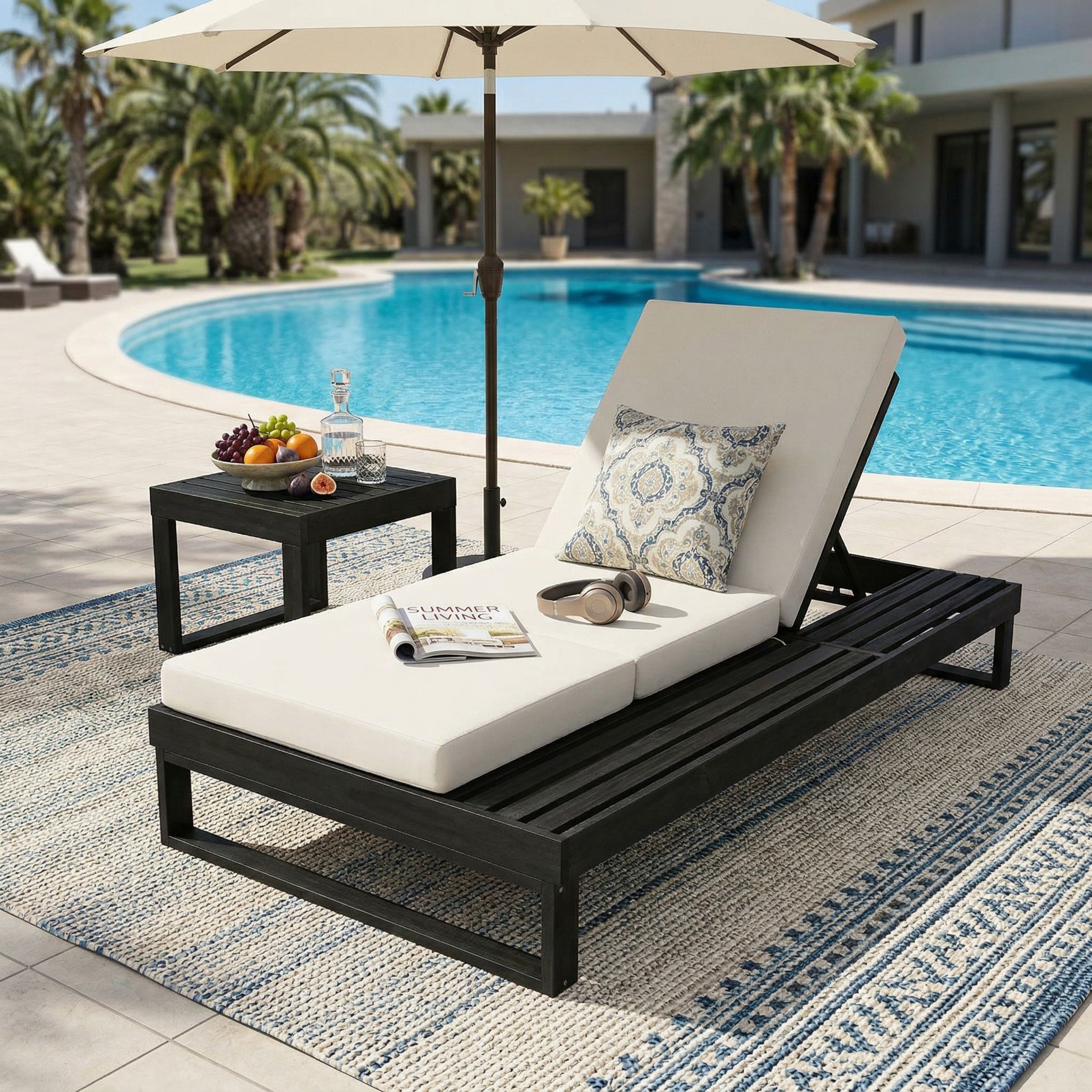 Black Acacia Wood Chaise Lounge With 4-Inch Cream 3-Fold Cushion Set, 4-Position Adjustable Outdoor Patio Lounger With Flat Side Surface, For Poolside-Matching Dark Grey Version Available