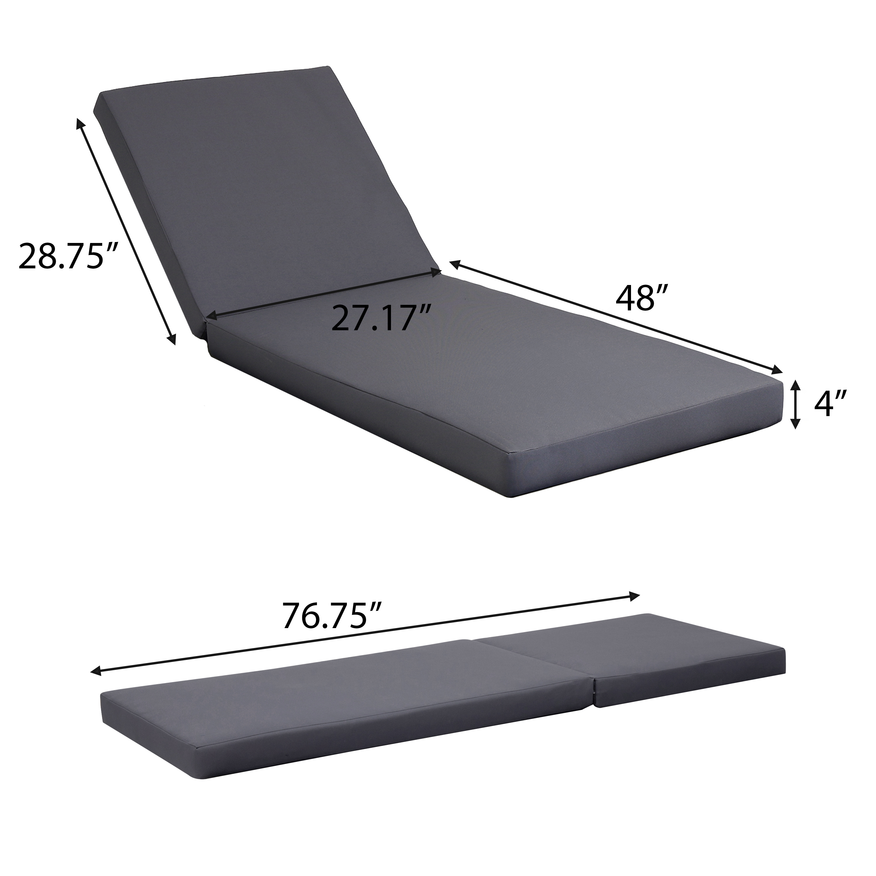 Black Acacia Wood Chaise Lounge With 4-Inch Dark Grey 2-Fold  Cushion Set, 4-Position Adjustable Outdoor Patio Lounger With Flat Side Surface, For Poolside- Matching Cream Version Available
