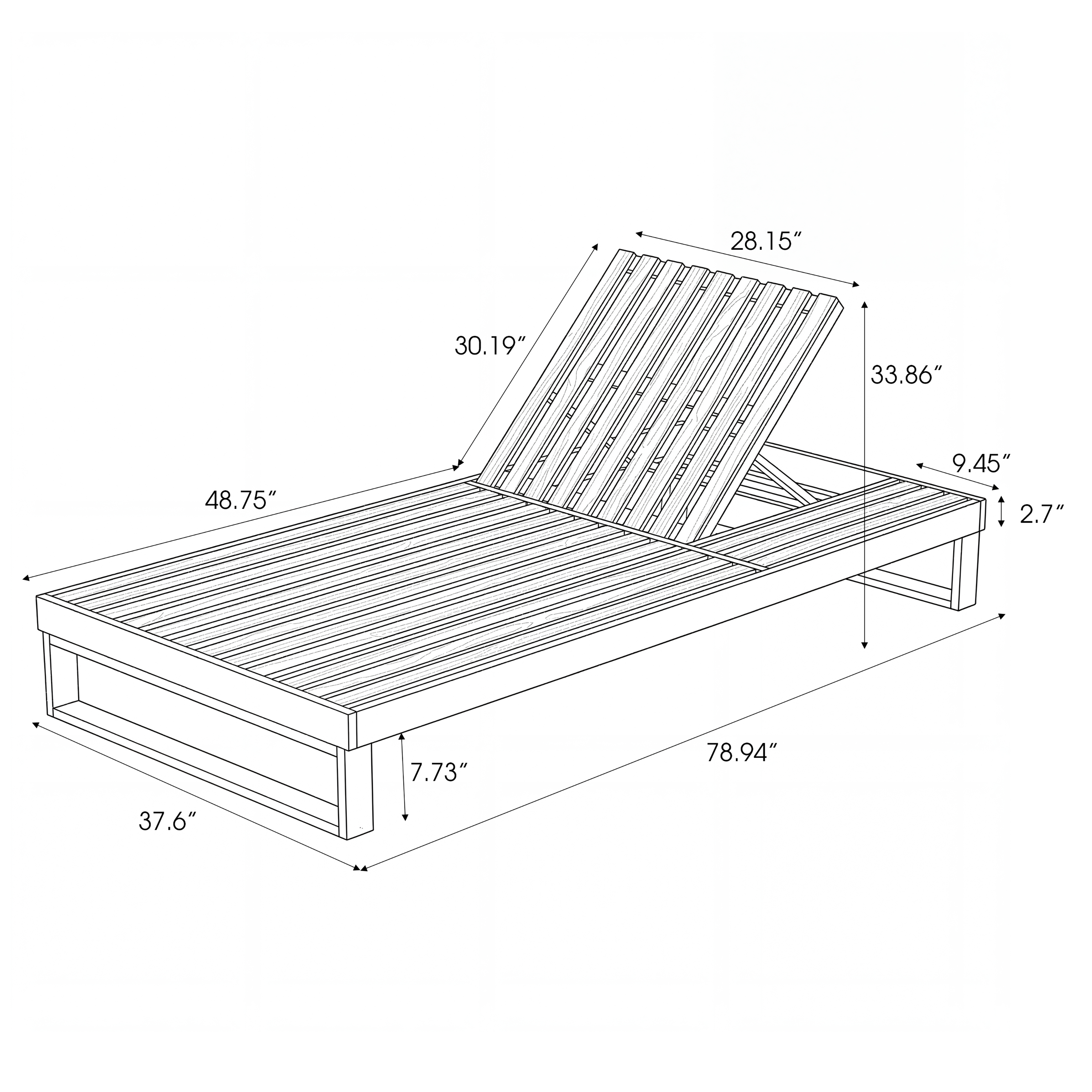 Teak Finish Acacia Wood Chaise Lounge With 4-Inch Dark Grey 2-Fold Cushion Set, 4-Position Adjustable Outdoor Patio Lounger With Flat Side Surface, For Poolside - Matching Cream Version Available