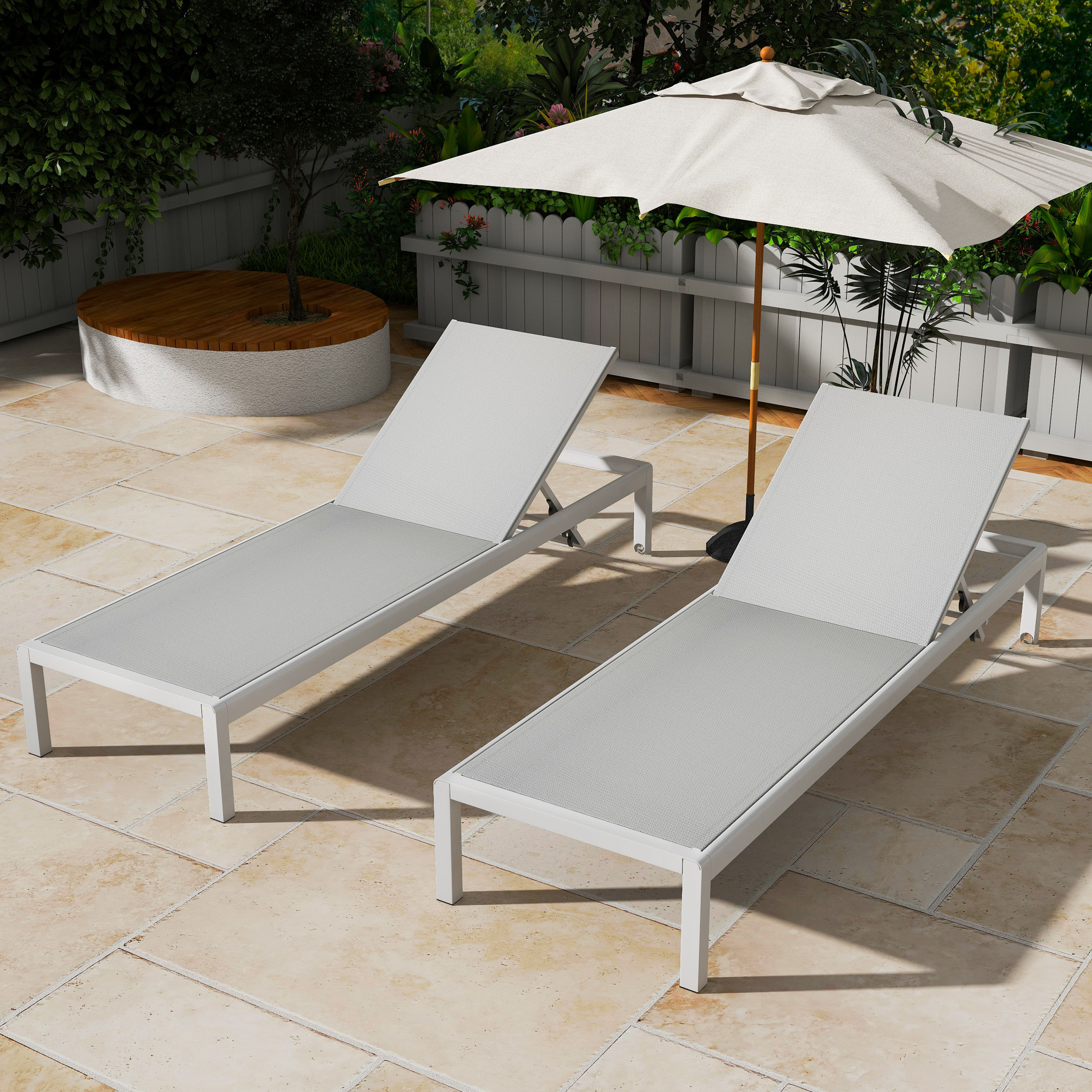 Outdoor Chaise Lounge Chair Set Of 2, Aluminum Adjustable Outside Chair For Pool Patio Beach Yard, All Weather Use UV Resistant 400lbs Weight Capacity