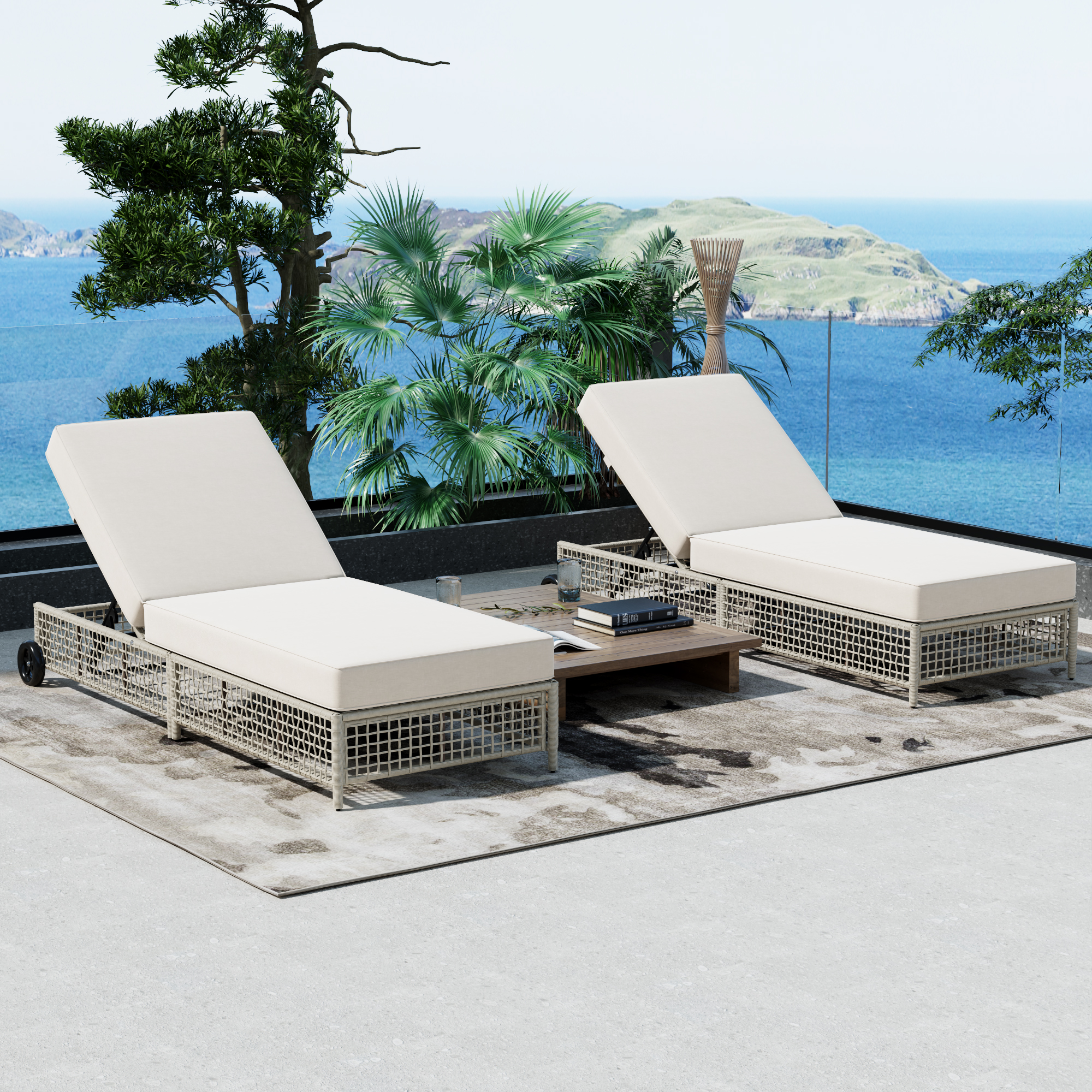 TREXM Outdoor Lounge Chair, Patio Chaise Lounge With 5-Position Backrest, Rattan Outdoor Lounge Chair With Cushion And Wheels For Poolside, Backyard, Garden  Beige Cushion Creamy White