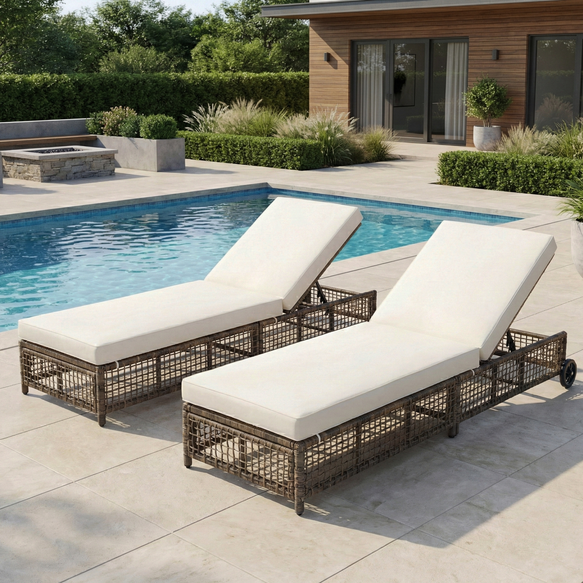 TREXM Outdoor Lounge Chair, Patio Chaise Lounge With 5-Position Backrest, Rattan Outdoor Lounge Chair With Cushion And Wheels For Poolside, Backyard, Garden  Beige Cushion Grey Brown