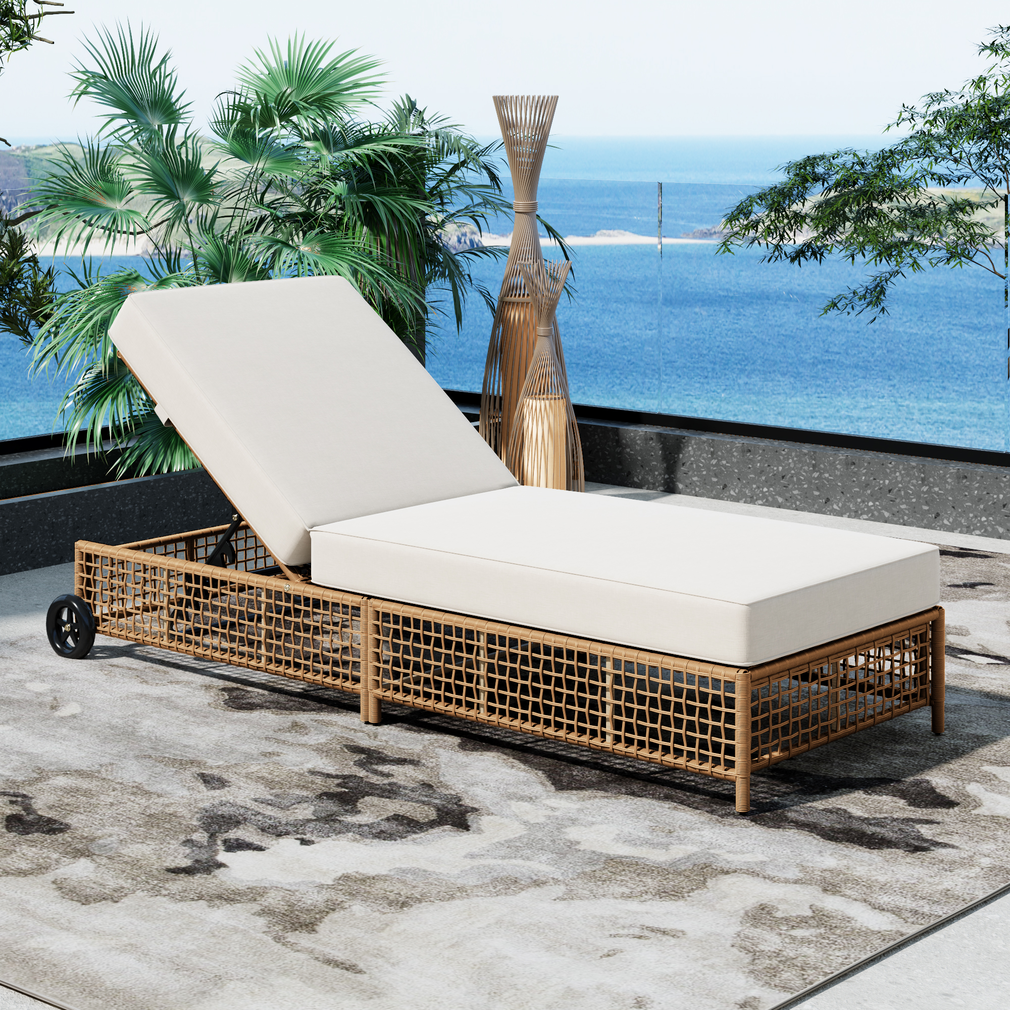 TREXM Outdoor Lounge Chair, Patio Chaise Lounge With 5-Position Backrest, Rattan Outdoor Lounge Chair With Cushion And Wheels For Poolside, Backyard, Garden  Natural Beige