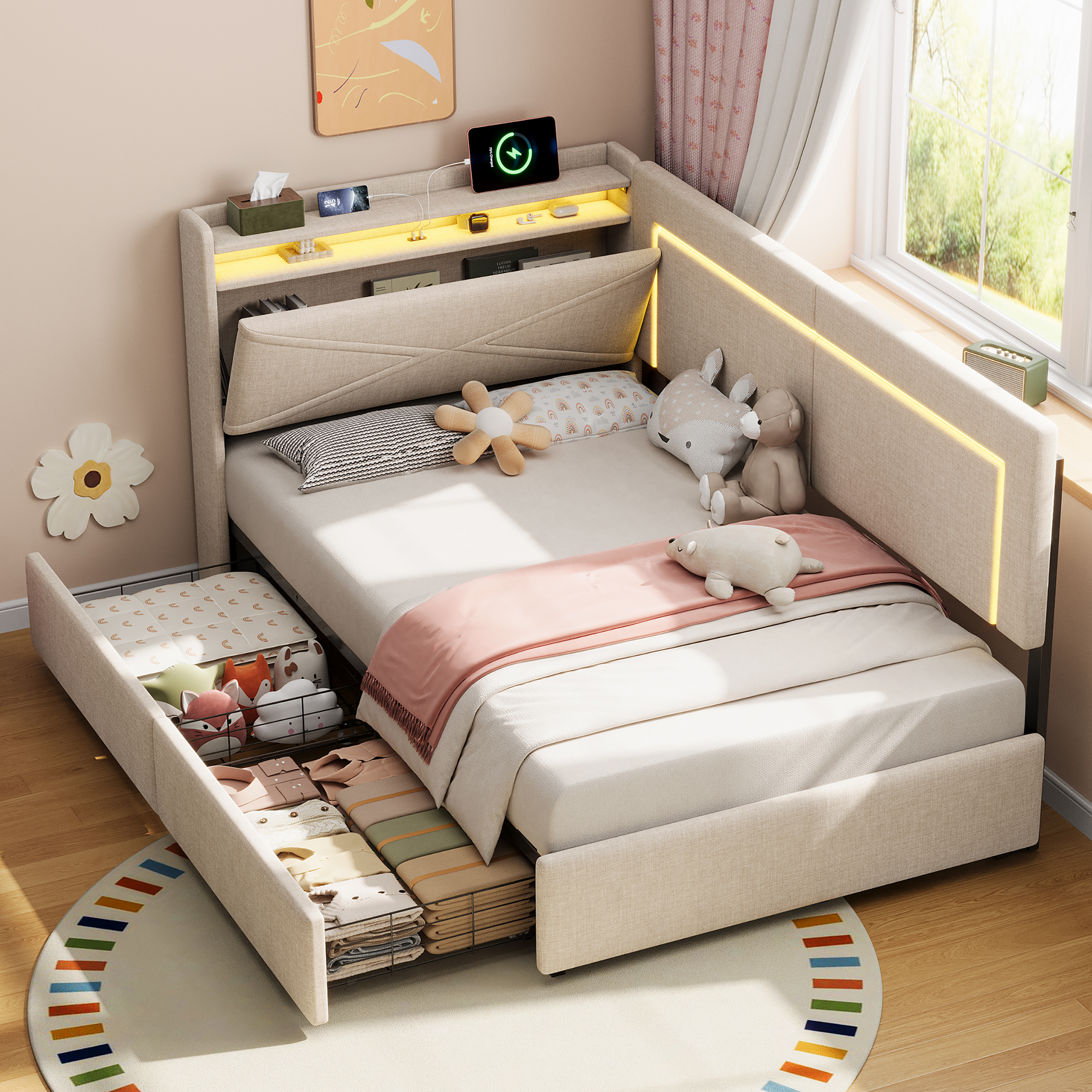 3ft Single Daybed With Two Storage Drawers, LED Concealed Headboard Storage With Charging Station, Modern Linen Sofa Bed For Living Room Bedroom Study Room, 90X190cm, Beige  No Mattress