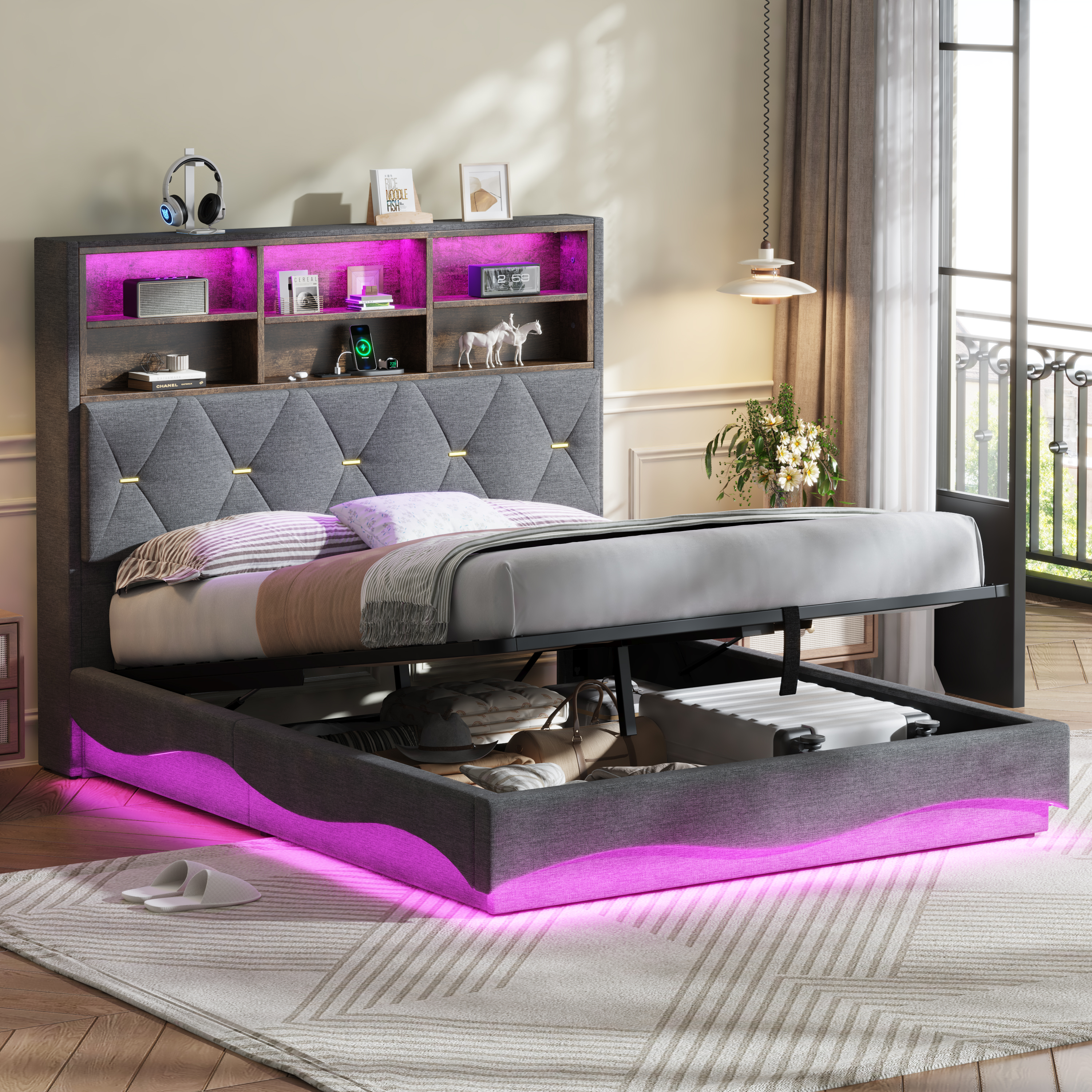 4ft6 Double Upholstered Bed Frame With Hydraulic Storage, Wavy LED Heightened Headboard With Charging Station, USB And Type - C Ports, Linen, No Box Spring Needed, Grey  No Mattress