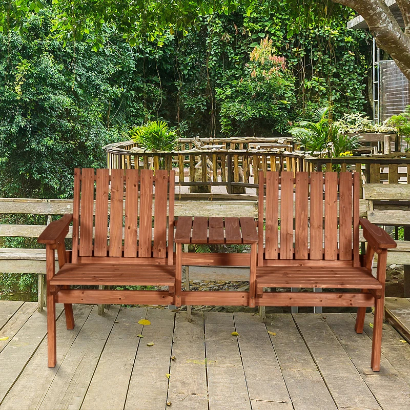 Wooden Patio Bench with Center Table & Umbrella Hole photo 9