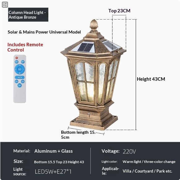 Pillar-top Solar-powered Outdoor Waterproof Lamp For Courtyards
